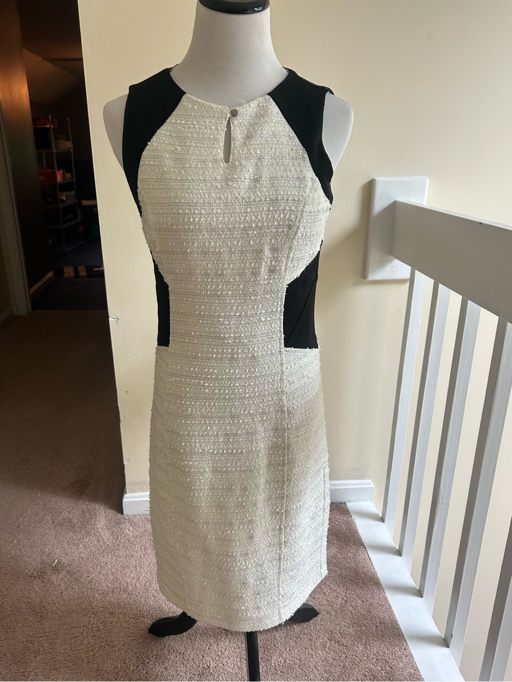 Laundry By Shelli Segal White Tweed Sheath Dress with Black Panels